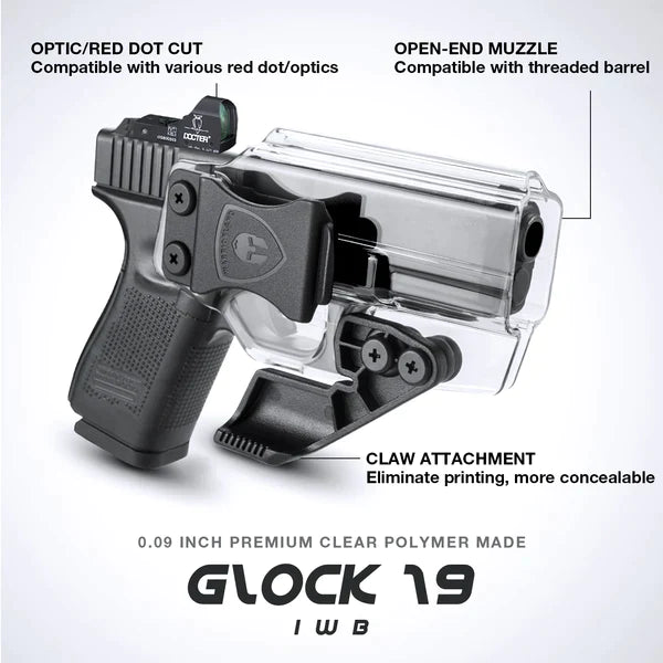 Clear Polymer IWB Holsters with Claw | G17/19/19X/23/32/44/45 Red Dot Optics Cut Appendix Concealment Carry Trigger Guard