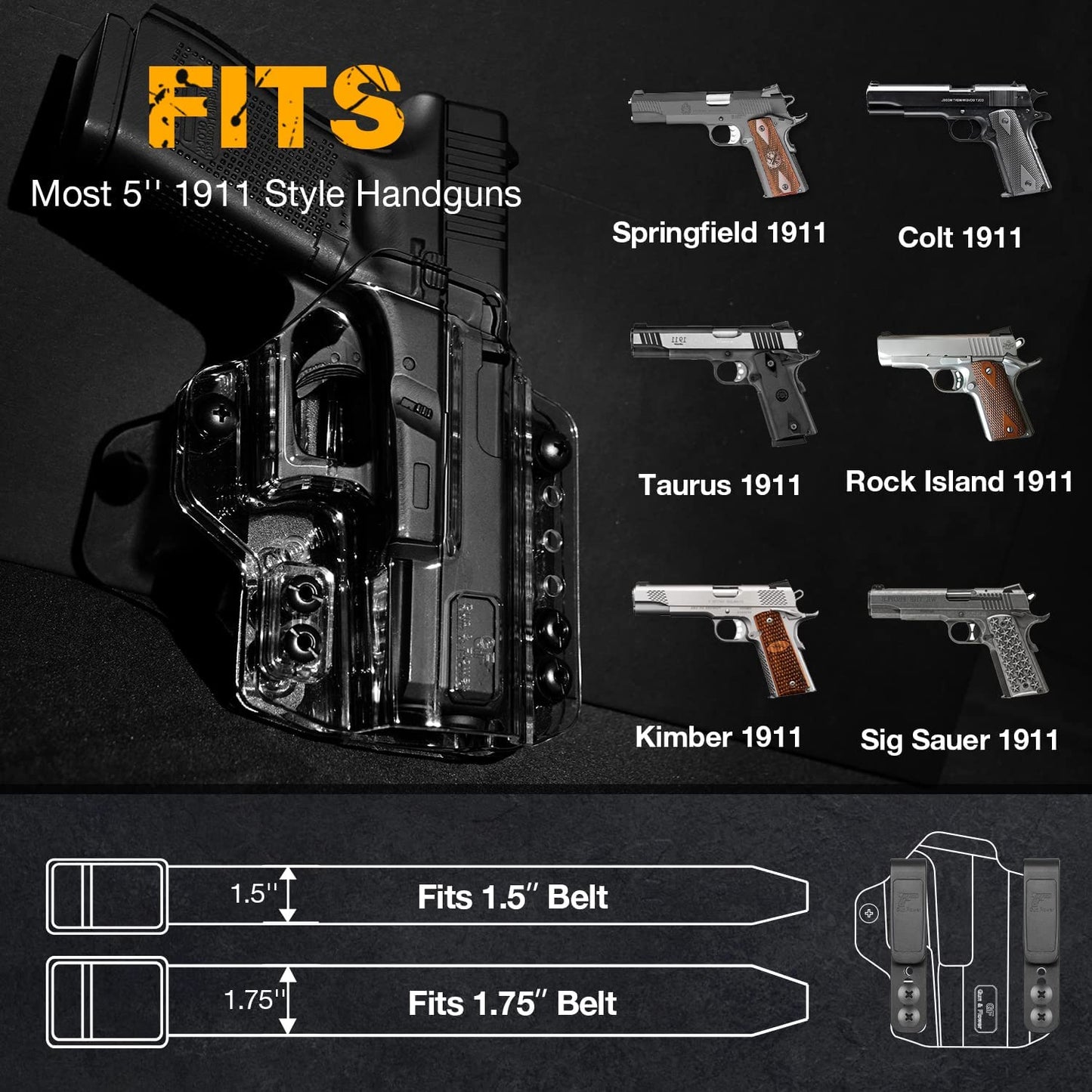 Convertible Clear 1911 OWB-IWB Holster | Colt, Springfield, Rock Island, Taurus, Kimber, Sig